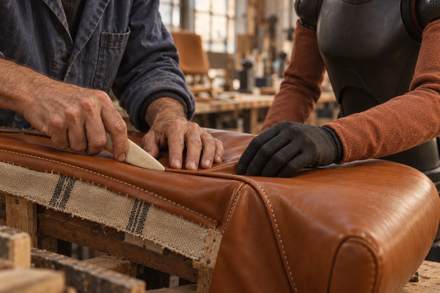 A craftsperson and robot tensioning cognac leather over an upholstered frame