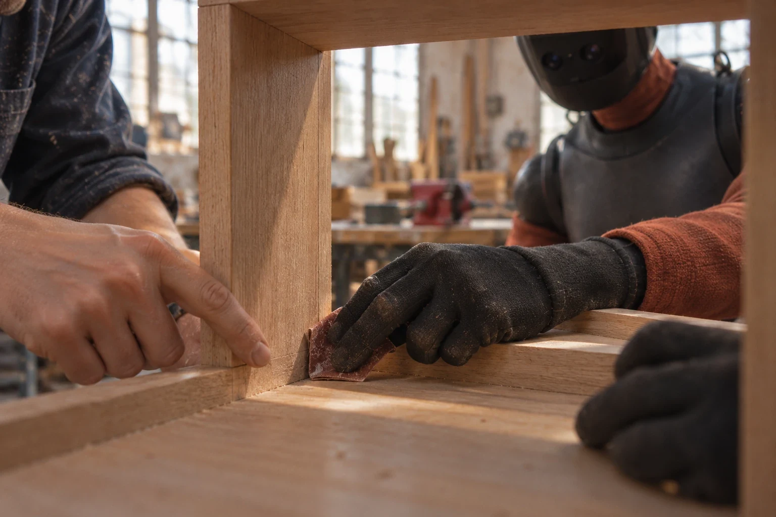 A craftsperson guiding a gloved robot inside a timber cabinet joint