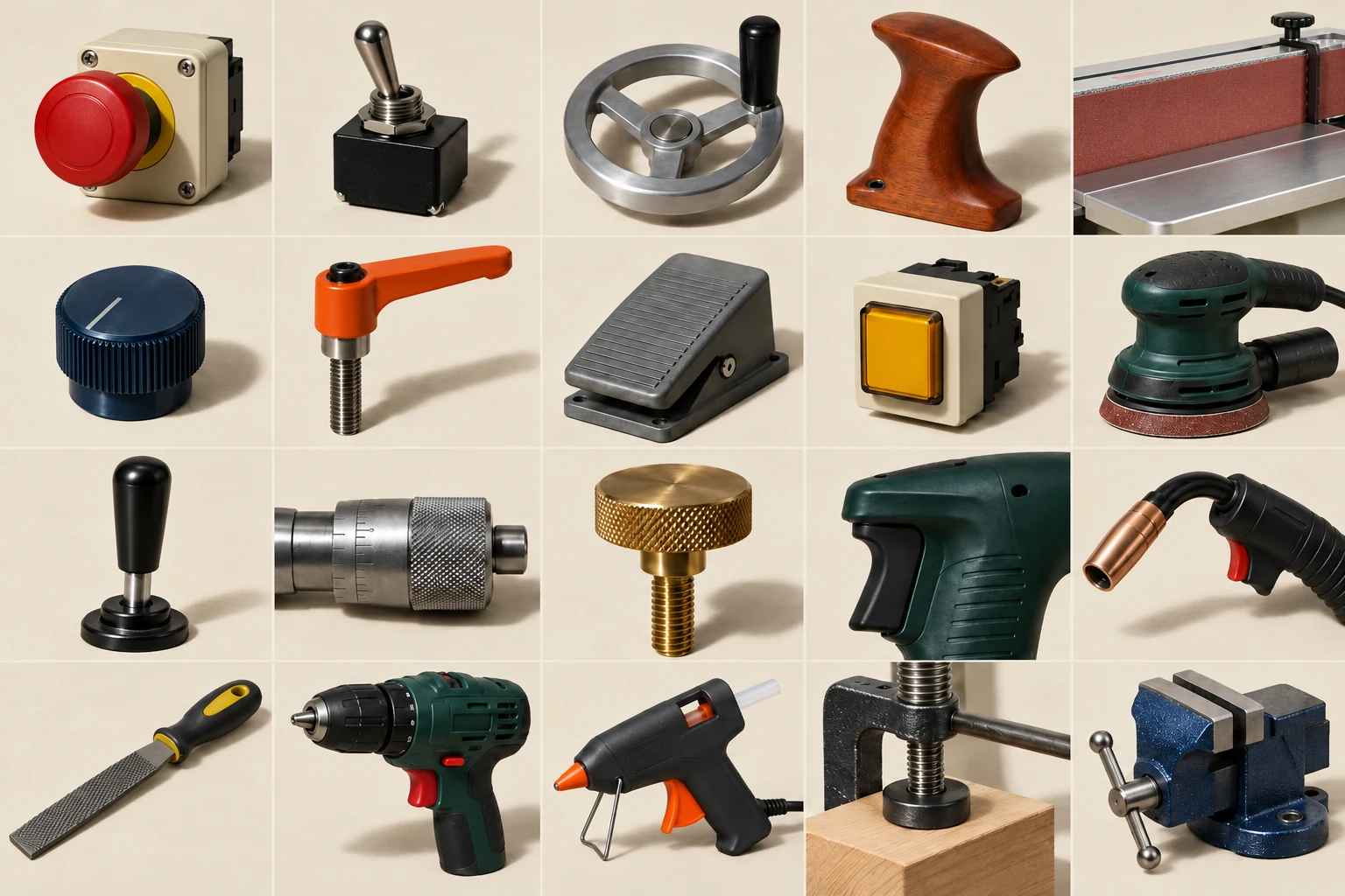 Workshop tools and controls: sanding belt, drill, file, welding torch, vice, press, switches and pedals