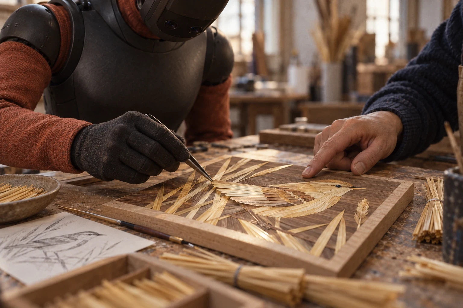 A robot placing a strip of straw into a bird marquetry panel beside an artisan